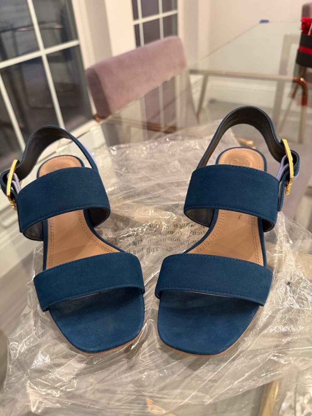 Tory Burch Women’s Blue Suede Slide Sandals-gently used